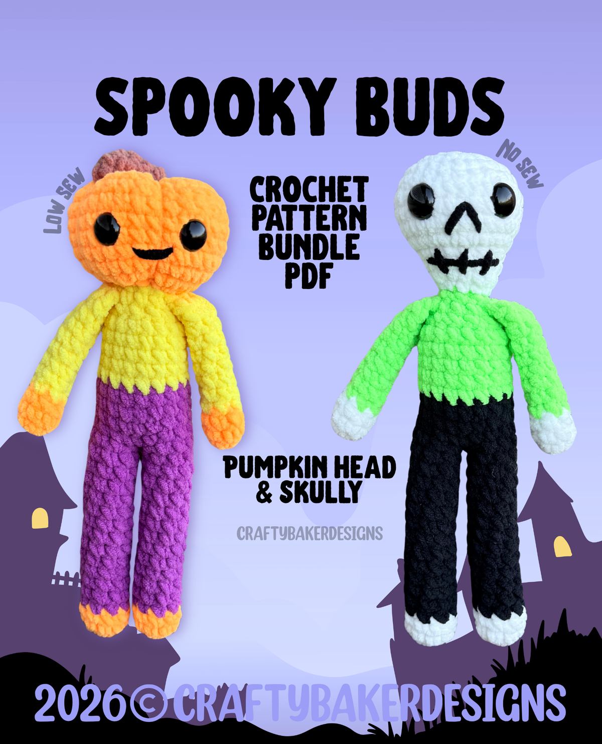 Spooky Buds crochet pattern skeleton and pumpkin Halloween amigurumi low sew pdf pattern