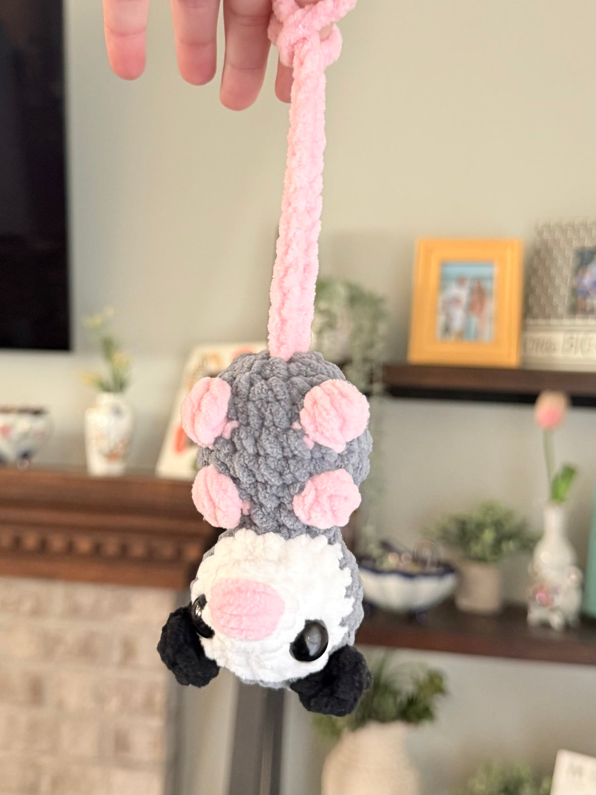 Small crochet Hanging possum, car hanger, bag charm