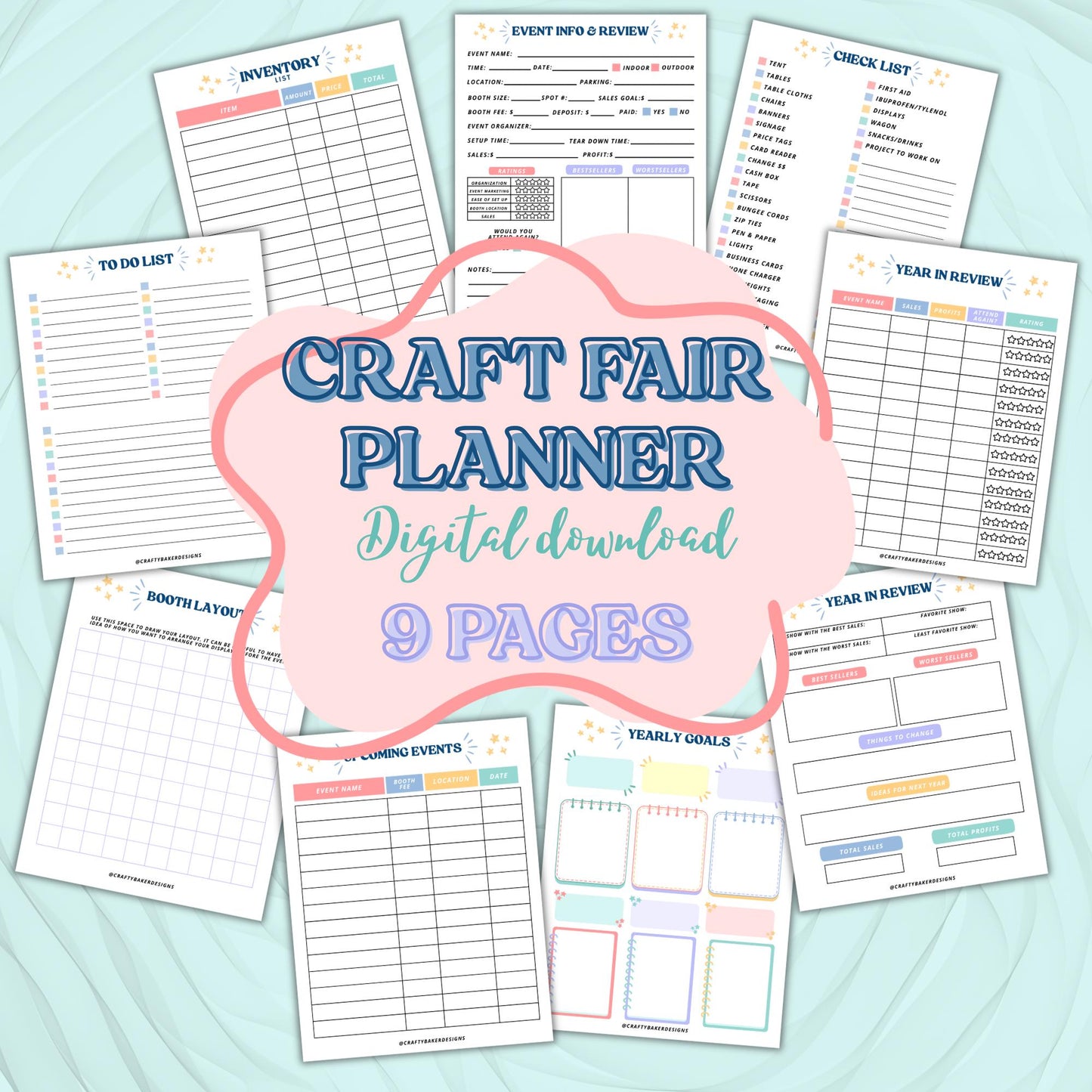 Craft fair market planner for vendor bundle of 9 pages digital download business goals crochet guide