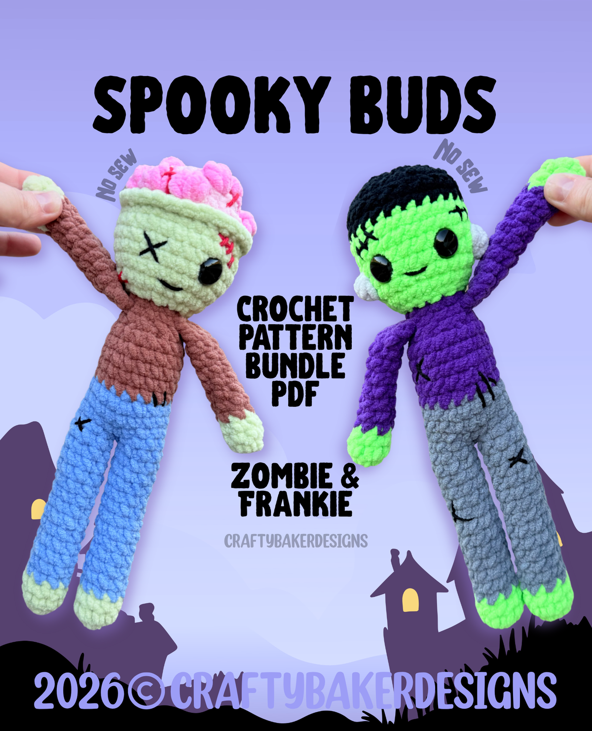 Spooky Buds crochet pattern Zombie and Frankie amigurumi low sew pdf pattern