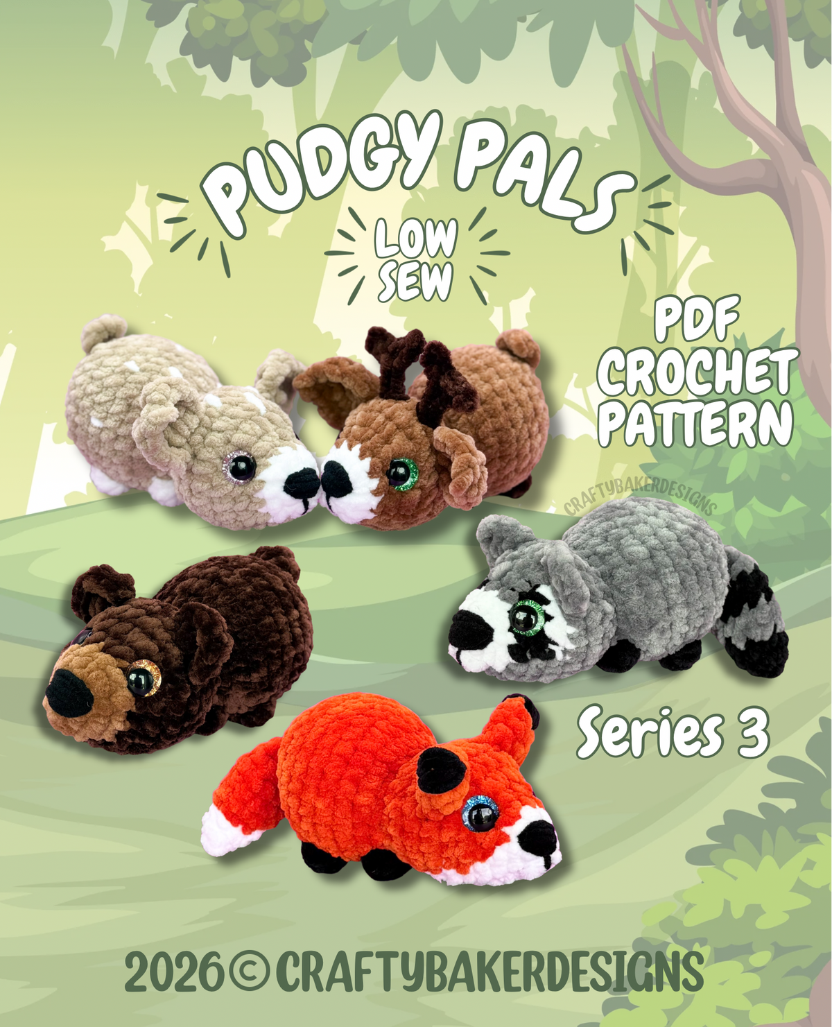 Pudgy Pals crochet pattern bundle beginner amigurumi animals crochet no sew fox raccoon bear deer