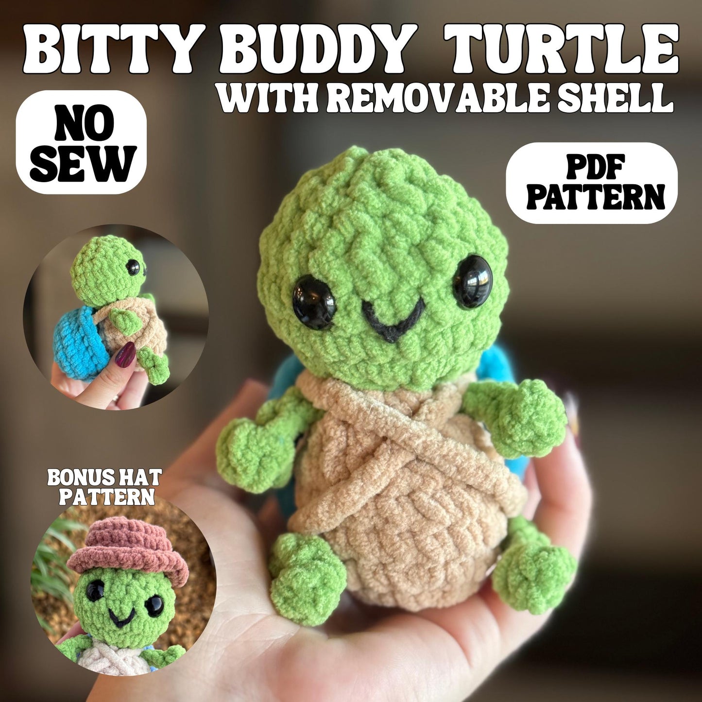 Turtle crochet pattern amigurumi crochet pattern PDF download no sew pattern beginner friendly crochet pattern keychain turtle with hat