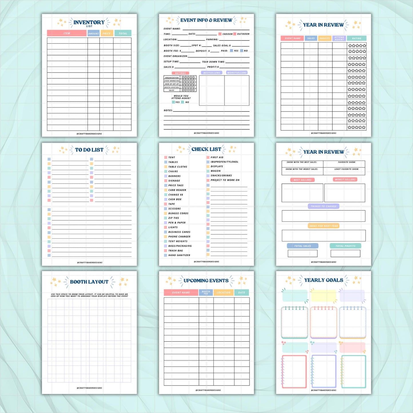 Craft fair market planner for vendor bundle of 9 pages digital download business goals crochet guide